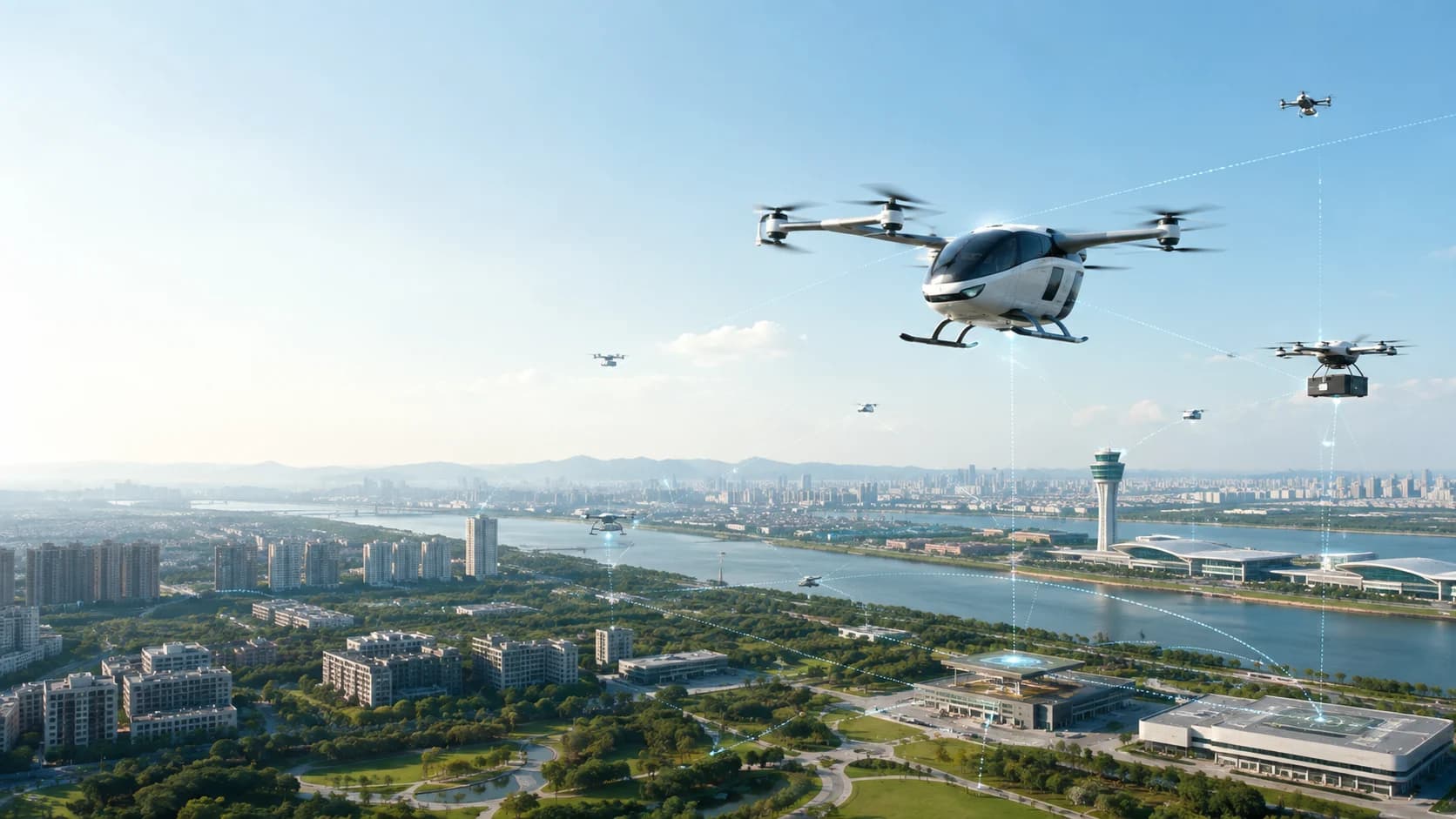 Concept view of a coordinated civilian low-altitude network above a city