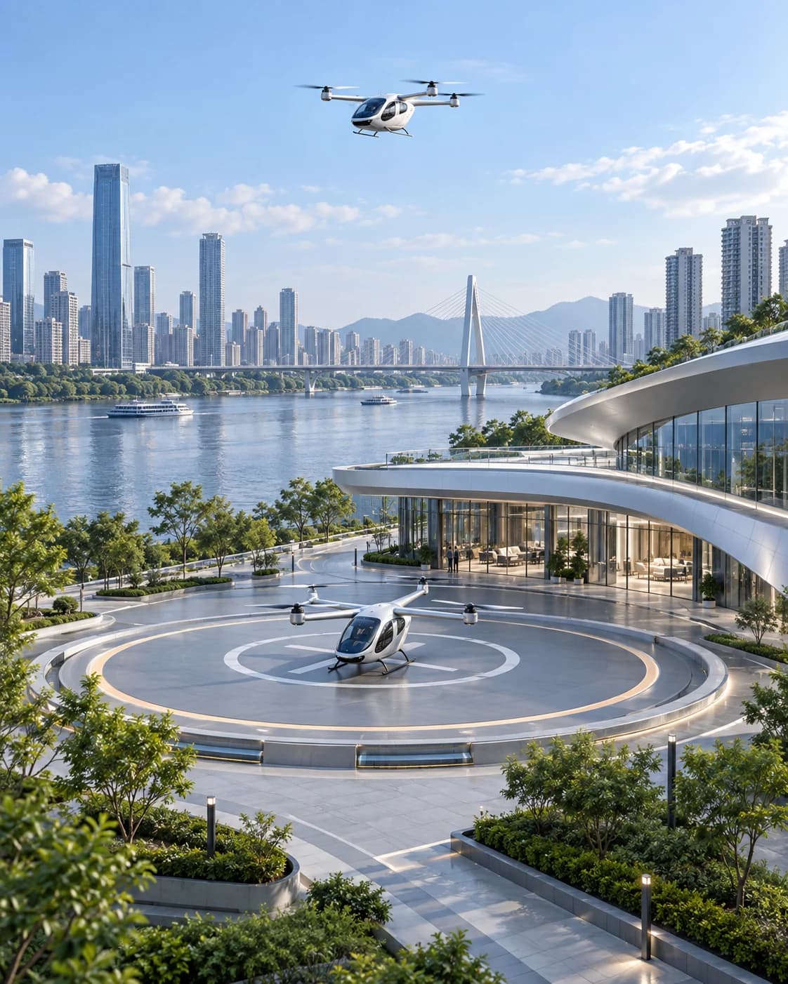 滨水城市民用低空运营枢纽竖向建筑概念图